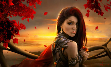 Картинка фэнтези девушки листья бабочка девушка дерево