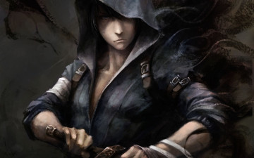 Картинка фэнтези люди меч парень арт капюшон