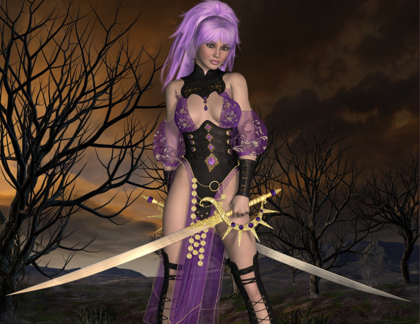 Обои картинки фото 3д графика, фантазия , fantasy, взгляд, девушка, фон, оружие