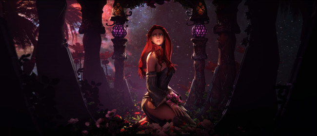 Обои картинки фото фэнтези, девушки, девушка, рыжая, цветы, эльф, ночь, звезды