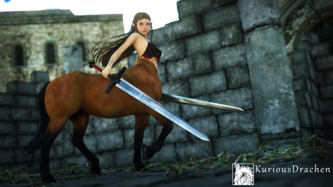 Обои картинки фото 3д графика, существа , creatures, оружие, эльфийка, минотавр