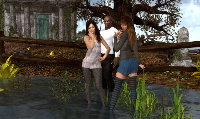 Обои картинки фото 3д графика, люди , people, взгляд, мужчина, фон, девушки, чулки, вода