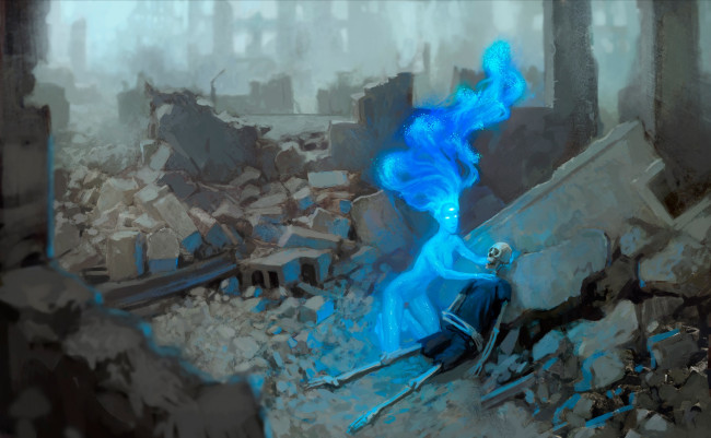 Обои картинки фото фэнтези, романтика апокалипсиса, развалины, руины, обломки, скелет, существо, девушка, апокалипсиса, романтика, дух