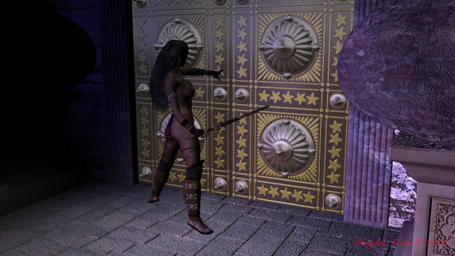 Обои картинки фото newbie andes tkhe ansient alienia, 3д графика, фантазия , fantasy, фон, взгляд, эльфийка, оружие, грудь