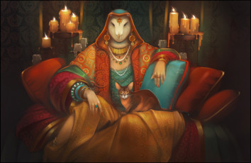 Картинка фэнтези существа сова кот балахон накидка сидит