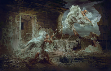 Картинка фэнтези девушки магия колдовство превращение перья ритуал волшебница ведьма