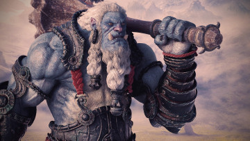 Картинка фэнтези существа орк огр дубина синий борода доспехи