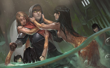 Картинка фэнтези русалки девушки мужчина фон вода взгляд