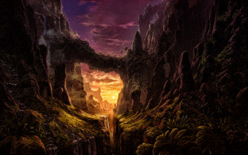Картинка фэнтези иные+миры +иные+времена природа корни деревья небо вечер скалы горы ущелье долина