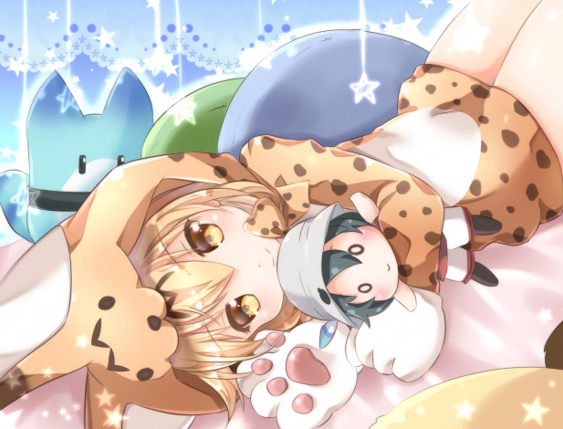 Обои картинки фото аниме, kemono friends, девушка, взгляд, фон