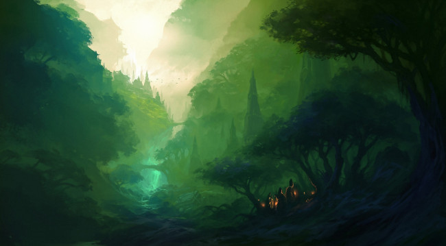 Обои картинки фото фэнтези, иные миры,  иные времена, зелень, долина, дорога, город, деревья, костер