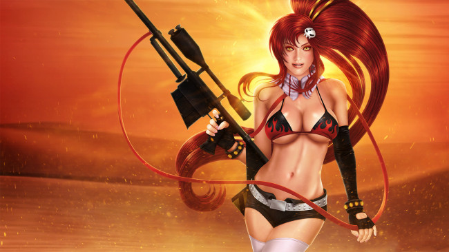 Обои картинки фото аниме, tengen toppa gurren-lagann, девушка, фон, взгляд, винтовка