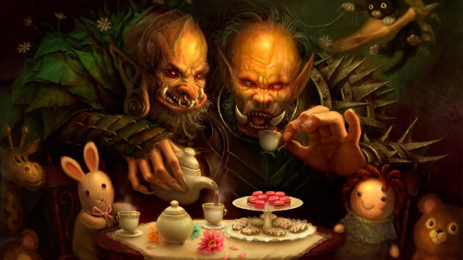 Обои картинки фото фэнтези, существа, тролли, игрушки, чаепитие, игра