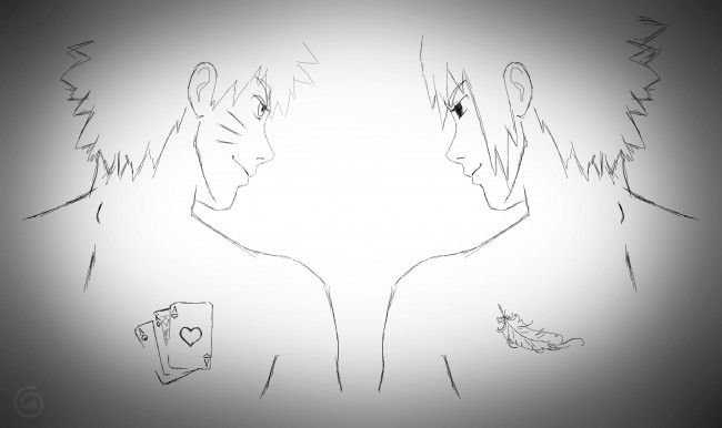 Обои картинки фото разное, арты, карты, наруто, перо, рисунок, спины, саске