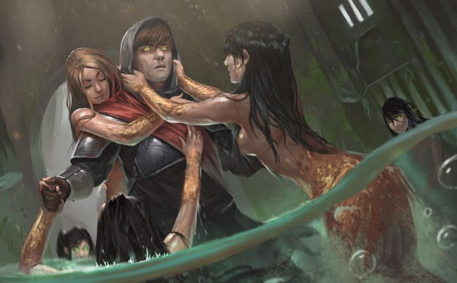 Обои картинки фото фэнтези, русалки, девушки, мужчина, фон, вода, взгляд