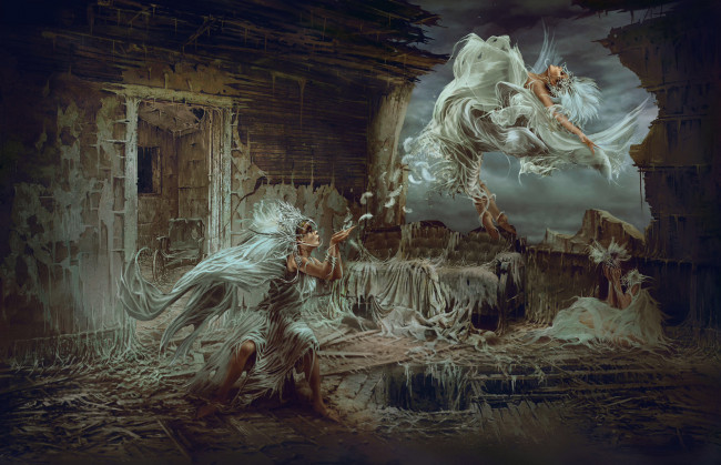 Обои картинки фото фэнтези, девушки, магия, колдовство, превращение, перья, ритуал, волшебница, ведьма