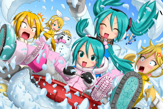 Обои картинки фото аниме, vocaloid, фон, взгляд, девушки