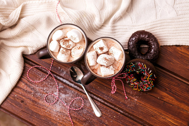 Обои картинки фото еда, разное, пончики, какао