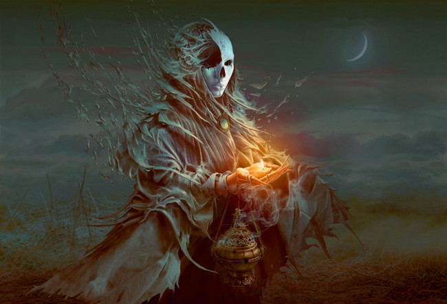 Обои картинки фото фэнтези, нежить, кости, месяц, огонь, магия, колдовство