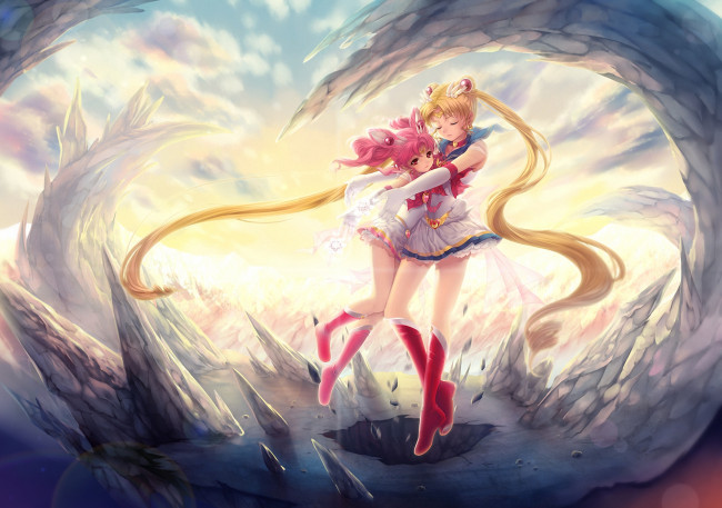 Обои картинки фото аниме, sailor moon, воин, девушка, chibi, moon, скалы
