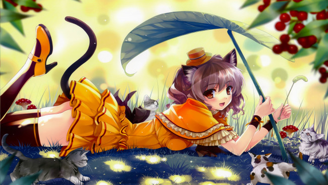 Обои картинки фото аниме, животные,  существа, фон, взгляд, девушка