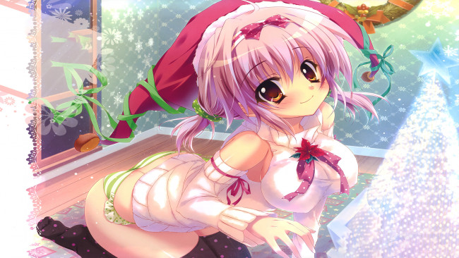 Обои картинки фото аниме, зима,  новый год,  рождество, взгляд, фон, девушка