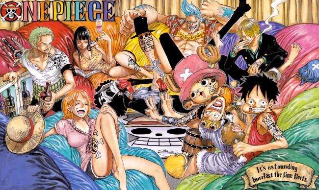Обои картинки фото аниме, one piece, шляпа, бутылки, диваны, люди