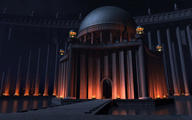 Обои картинки фото 3д графика, архитектура , architecture, колонны, здание, вода, свет, мост