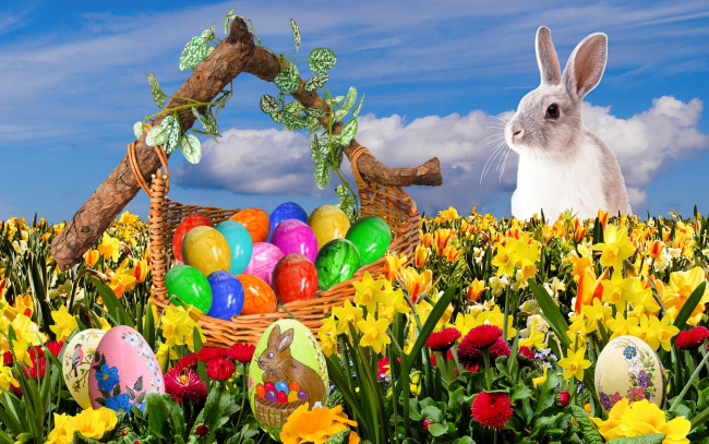 Обои картинки фото праздничные, пасха, яйца, кролик, цветы
