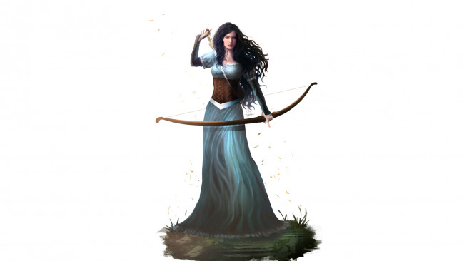 Обои картинки фото рисованное, комиксы, девушка, фон, взгляд, лук, стрела