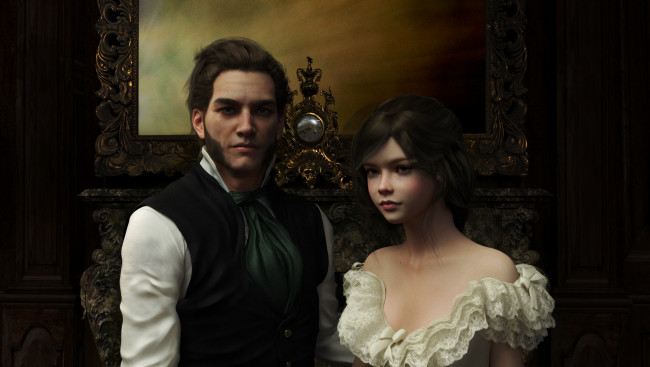 Обои картинки фото 3д графика, люди , people, девушка, мужчина, фон, взгляд, одежда