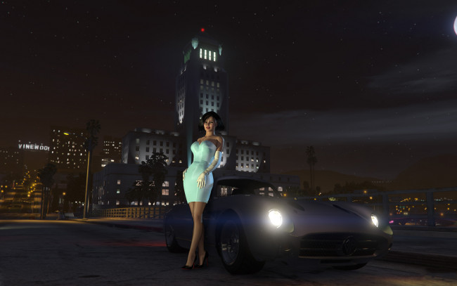 Обои картинки фото 3д графика, люди-авто, мото , people- car ,  moto, девушка, фон, взгляд, здание, автомобиль