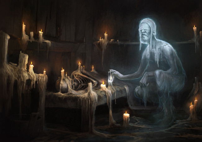 Обои картинки фото фэнтези, призраки, свечи, фон, скелет, призрак