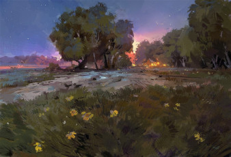 Картинка рисованное природа деревья луг