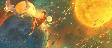 Картинка аниме животные +существа девушка планеты птицы