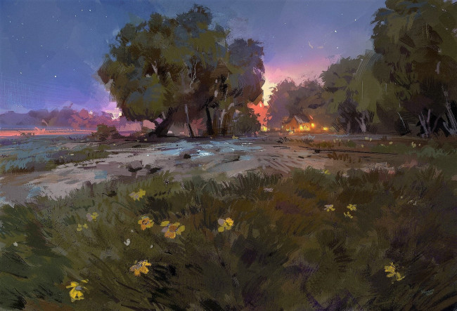 Обои картинки фото рисованное, природа, деревья, луг