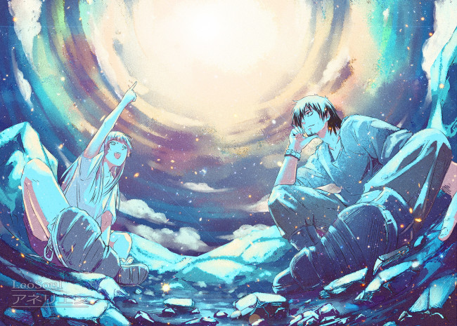 Обои картинки фото аниме, unknown,  другое , девочка, парень, небо