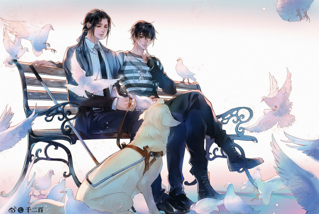 Обои картинки фото аниме, mo dao zu shi, сяо, синчень, сюэ, ян, собака, голуби, скамейка