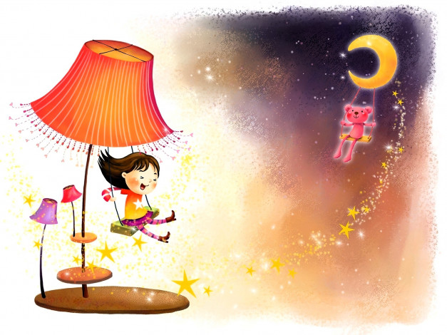 Обои картинки фото рисованное, дети, девочка, торшер, мишка, месяц, качели