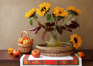 Картинка еда натюрморт помидоры перец подсолнухи