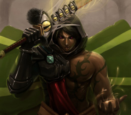 Картинка аниме -weapon +blood+&+technology парень меч глаза магия капюшон татуировки тату