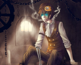 Картинка аниме -weapon +blood+&+technology механизмы цепи печь сидит взгляд парень naimane art