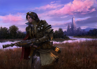 Картинка фэнтези люди фантастика арт оружие замок фонарь река парень стимпанк пейзаж