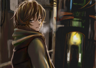 Картинка аниме vocaloid вокалоид улица kagamine len парень urahanabi art город взгляд