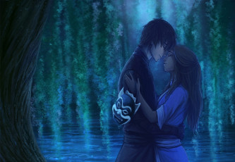 обоя аниме, avatar,  the last airbender, арт, zuko, katara, девушка, парень, маска, вода, дерево, ночь