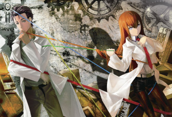 Картинка аниме steins gate девушка okabe rintarou makise kurisu врата штейна халат галстук нити парень
