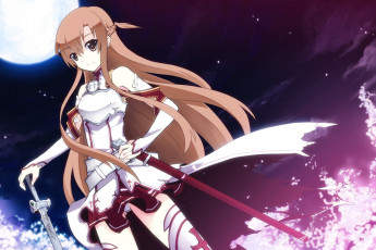 Картинка аниме sword+art+online yuuki asuna фэнтези оружие меч луна ночь девушка