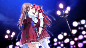 Картинка аниме otome+ga+tsumugu+koi+no+canvas девушки фонари поцелуй ночь