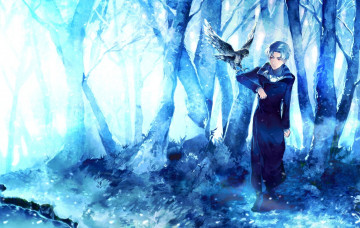 Картинка аниме -animals деревья лес зима парень арт птица