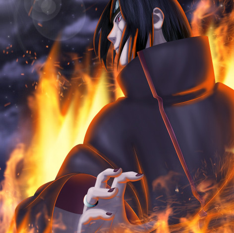 Обои картинки фото аниме, naruto, тучи, небо, парень, арт, рука, брюнет, чакра, искры, пламя, итачи, учиха, наруто, шиппуден